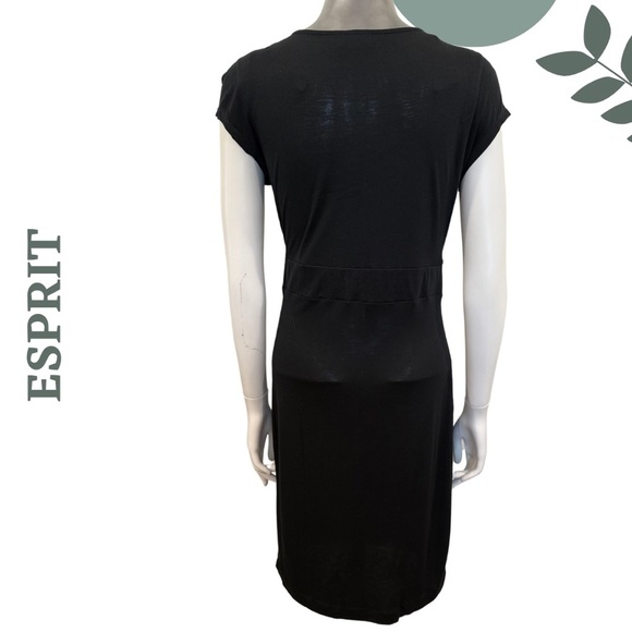 🛍️3/$40 Esprit Black Deep V Midi Dress Short Sleeve Stretch Lightweight Medium - Picture 4 of 8
